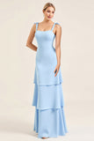 Vestidos Para Casamento Convidada com Fenda Azul Céu Bainha Babados Longo Alças Finas