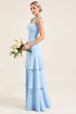 Vestidos Para Casamento Convidada com Fenda Azul Céu Bainha Babados Longo Alças Finas
