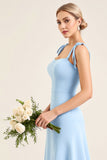 Vestidos Para Casamento Convidada com Fenda Azul Céu Bainha Babados Longo Alças Finas