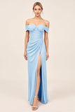 Vestidos Para Casamento Convidada com Fenda Azul Céu Fora do Ombro Ruched Bainha Longo