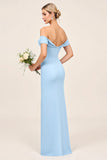 Vestidos Para Casamento Convidada com Fenda Azul Céu Fora do Ombro Ruched Bainha Longo