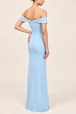 Vestidos Para Casamento Convidada com Fenda Azul Céu Fora do Ombro Ruched Bainha Longo