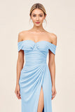 Vestidos Para Casamento Convidada com Fenda Azul Céu Fora do Ombro Ruched Bainha Longo