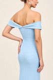 Vestidos Para Casamento Convidada com Fenda Azul Céu Fora do Ombro Ruched Bainha Longo