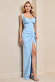 Vestidos Para Casamento Convidada com Fenda Bainha Azul Céu Longo Ruched