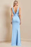 Vestidos Para Casamento Convidada com Fenda Bainha Azul Céu Longo Ruched