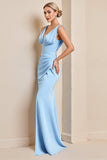 Vestidos Para Casamento Convidada com Fenda Bainha Azul Céu Longo Ruched