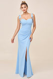 Vestidos Para Casamento Convidada com Fenda Azul Céu Alças Finas Longo Ruched Bainha
