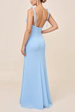 Vestidos Para Casamento Convidada com Fenda Azul Céu Alças Finas Longo Ruched Bainha
