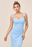 Vestidos Para Casamento Convidada com Fenda Azul Céu Alças Finas Longo Ruched Bainha