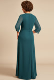 Vestido Mae Noiva com Fenda Bainha Pavão Azul Pescoço Redondo Longo