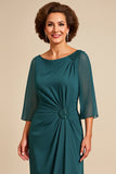 Vestido Mae Noiva com Fenda Bainha Pavão Azul Pescoço Redondo Longo