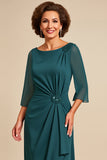 Vestido Mae Noiva com Fenda Bainha Pavão Azul Pescoço Redondo Longo