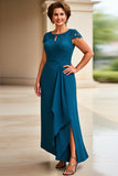 Vestido Mae Noiva com Renda Tinta Azul Bainha Cap Mangas Longo