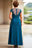 Vestido Mae Noiva com Renda Tinta Azul Bainha Cap Mangas Longo