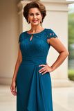 Vestido Mae Noiva com Renda Tinta Azul Bainha Cap Mangas Longo