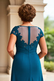 Vestido Mae Noiva com Renda Tinta Azul Bainha Cap Mangas Longo