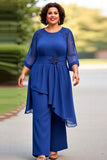 Vestido Mae Noiva Azul Real Chiffon Tamanhos Grandes Meias Mangas