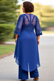 Vestido Mae Noiva Azul Real Chiffon Tamanhos Grandes Meias Mangas