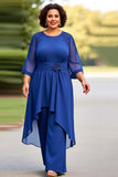 Vestido Mae Noiva Azul Real Chiffon Tamanhos Grandes Meias Mangas