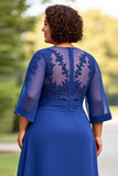 Vestido Mae Noiva Azul Real Chiffon Tamanhos Grandes Meias Mangas