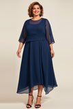 Marinha Chiffon Uma Linha Plus Size Mãe De Noiva Vestido com 3/4 Mangas