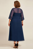 Marinha Chiffon Uma Linha Plus Size Mãe De Noiva Vestido com 3/4 Mangas