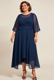 Marinha Chiffon Uma Linha Plus Size Mãe De Noiva Vestido com 3/4 Mangas