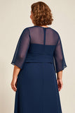 Marinha Chiffon Uma Linha Plus Size Mãe De Noiva Vestido com 3/4 Mangas