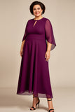 Roxo Chiffon Linha-A Tamanhos Grandes Decote Redondo Longos Vestido Mae Noiva