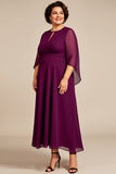 Roxo Chiffon Linha-A Tamanhos Grandes Decote Redondo Longos Vestido Mae Noiva