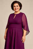 Roxo Chiffon Linha-A Tamanhos Grandes Decote Redondo Longos Vestido Mae Noiva