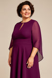 Roxo Chiffon Linha-A Tamanhos Grandes Decote Redondo Longos Vestido Mae Noiva