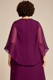 Roxo Chiffon Linha-A Tamanhos Grandes Decote Redondo Longos Vestido Mae Noiva