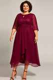 Borgonha Chiffon Uma Linha Plus Size Mãe De Noiva Vestido com 3/4 Mangas