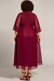Borgonha Chiffon Uma Linha Plus Size Mãe De Noiva Vestido com 3/4 Mangas