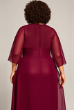Borgonha Chiffon Uma Linha Plus Size Mãe De Noiva Vestido com 3/4 Mangas