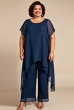 Marinha Chiffon pescoço redondo Plus Size mãe da noiva calças