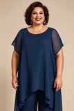 Marinha Chiffon pescoço redondo Plus Size mãe da noiva calças