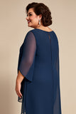 Marinha Chiffon pescoço redondo Plus Size mãe da noiva calças