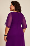 Plus Size roxo Chiifon pescoço redondo longa mãe do vestido da noiva com meias mangas