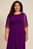 Plus Size roxo Chiifon pescoço redondo longa mãe do vestido da noiva com meias mangas