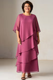 Vintage Mauve Chiffon babado Plus Size mãe do vestido da noiva com meias mangas