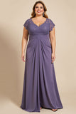 Vestido Mae Noivacom Renda Decote em V Cinzento Roxo Bainha Chiffon Tamanhos Grandes