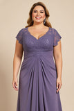 Vestido Mae Noivacom Renda Decote em V Cinzento Roxo Bainha Chiffon Tamanhos Grandes