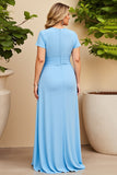 Vestido Mae Noiva com Mangas Curtas Céu Azul Decote em V Chiffon Tamanhos Grandes