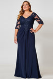Vestido Mae Noiva com Renda Decote em V Bainha Marinha Chiffon Longo Tamanhos Grandes