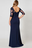 Vestido Mae Noiva com Renda Decote em V Bainha Marinha Chiffon Longo Tamanhos Grandes