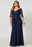 Vestido Mae Noiva com Renda Decote em V Bainha Marinha Chiffon Longo Tamanhos Grandes