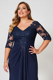 Vestido Mae Noiva com Renda Decote em V Bainha Marinha Chiffon Longo Tamanhos Grandes